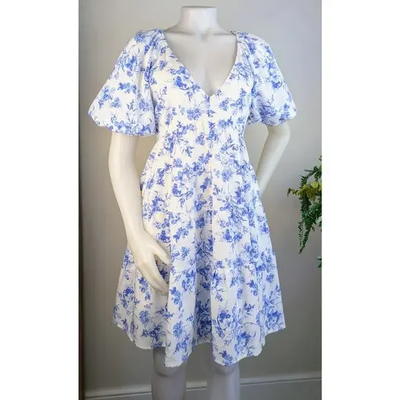Entro Babydoll Minidress Medium White Blue Floral Ruffle Puff Sleeve Cottagecore - Picture 2 of 11